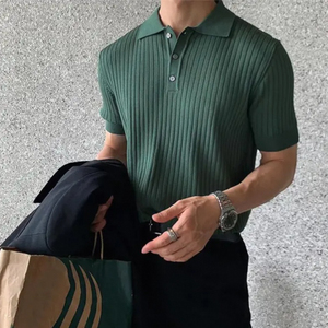 Polo de Punto Texturizado Marrón Sólido para Hombre, Manga Corta, Cuello Casual con Botones - Product Image 4