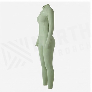 NA 2 Piece Yoga <b>Set</b> Full Length Zipper Front Solid <b>Green</b> Sweat Wicking <b>Gym</b> Wear Women's Sportswear - Product Image 3