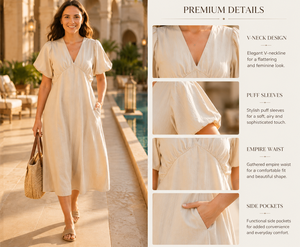 Robe midi bohème en coton et lin, unie et respirante, à manches bouffantes - Robe de soirée élégante à col en V et taille naturelle pour femme - Product Image 4