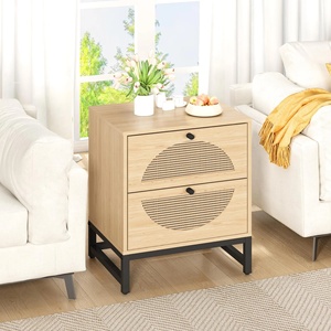 Elegant wooden Bedside Table with Black Metal Base Two <b>Drawer</b> Rattan Nightstand for Modern Boho Bedroom Decor - Product Image 1