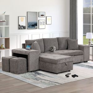 Divano Sezionale a L Reversibile da 265,7 cm con 3 Posti, Letto Estraibile, Chaise Longue con Contenitore e 2 Sgabelli - Arredamento Soggiorno - Product Image 1