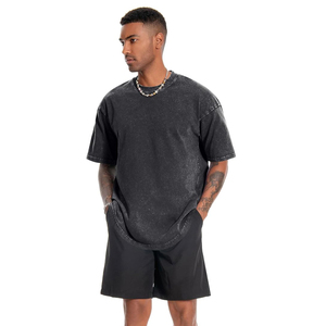 T-shirt décontracté pour homme 2026, coupe oversize, en coton délavé, couleur unie, col rond, manches courtes, effet délavé à l'acide, disponible à la vente en ligne - Product Image 4
