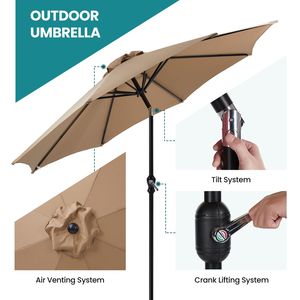 Parasol de terrasse extérieur de 2,3 m avec mécanisme d'inclinaison à bouton et manivelle manuelle, 6 baleines, tissu imperméable anti-UV15+, avec base - Product Image 4