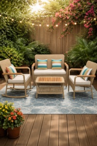 Made Vietnam Modern <b>Rattan</b> Acacia Outdoor 4 PCS Patio Set KD <b>Sofa</b> Chair Coffee Table All-Weather Comfortable Apartment Dining - Product Image 2