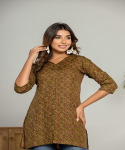 FANCY RAYON COTTON DIGITAL PRINT WORK ONLY TOP DAILY WEAR WHOLESALE PRICE ETHNIC GARMENT <b>KURTI</b> MUSTARD WEAVING - Product Image 1