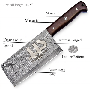 Cuchillo de carnicero hecho a mano con acero de Damasco, mango de madera de palisandro y funda de cuero fino, tipo hacha. - Product Image 2