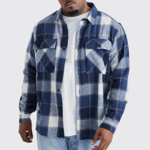 <b>Men's</b> Blue <b>White</b> Plaid Flannel Casual <b>Shirt</b> Full <b>Sleeve</b> Turn-down Collar Anti-Wrinkle Woven Cotton Autumn Wear - Product Image 1