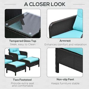 Set da 5 Pezzi per Esterni: Divano Lounge in Rattan con Tavolino da Caffè in Vetro Temperato, Sedie Imbottite e Pouf per Uso Esterno - Product Image 6