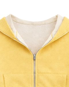 Sudadera con capucha corta para mujer, con cremallera, color amarillo pastel y bloques de color en felpa de algodón, estilo casual y urbano. - Product Image 5