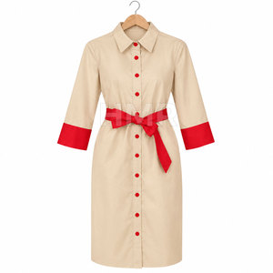 Robe chemise beige HMR Sorority Sisterhood avec poignets contrastants rouges et ceinture, coupe ajustée, longueur genou, col rabattu, tenue de bureau - Product Image 5