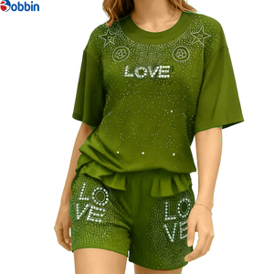 Ensemble 2 pièces personnalisé pour femme, nouvelle mode été, avec strass, short et haut, en coton et élasthanne respirant - Product Image 5