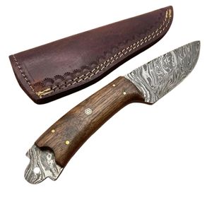 Cuchillo de caza EDC de hoja fija de acero de Damasco hecho a mano y personalizado, punta de caña, mango de madera, pino de mosaico, bolster de Damasco, DIY OEM - Product Image 5