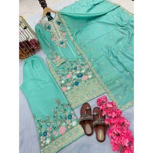 Conjunto de lana y mezcla de mujer de diseño Pure Chinon Silk Top Plazzo & Dupatta for Party Wear Look - Product Image 6