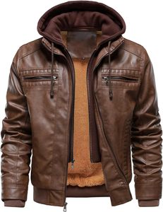 Men Brown PU Leather Moto Biker <b>Jacket</b> Hooded <b>Zipper</b> Front Sherpa Lining Windproof Winter Style Slim Fit Regular Sleeve - Product Image 1