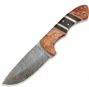 Couteau utilitaire robuste de plein air en acier damas de qualité supérieure, à lame large et pointe tombante, avec manche segmenté en bois de burl et cor. - Product Image 4