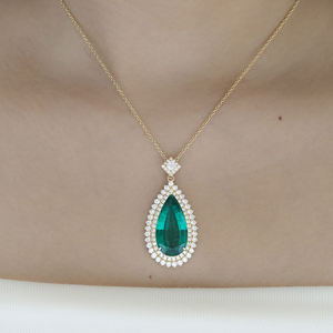 925 Sterling Silver Gold Plated Green <b>Emerald</b> <b>Pendant</b> Necklace Lab Grown Diamond Halo Statement Jewelry - Product Image 5