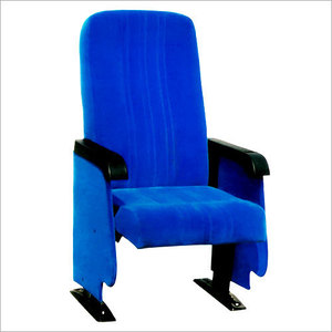 Silla de Auditorio Moderna de Cuero Azul con Reposabrazos Plegables, Cojín de Espuma Viscoelástica y Portavasos - Muebles de Teatro - Product Image 4