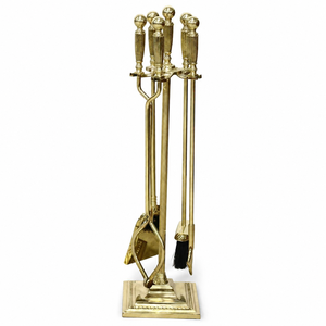 Juego de herramientas para chimenea de latón y madera de estilo antiguo con soporte, que incluye pica leña, cepillo y pinzas, para estufa de leña interior. - Product Image 1