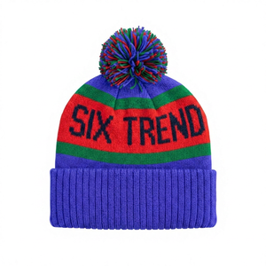 Wholesale Striped Pom Pom Beanie Custom Logo Knitted <b>Winter</b> Hat Unisex Warm <b>Cap</b> - Product Image 3