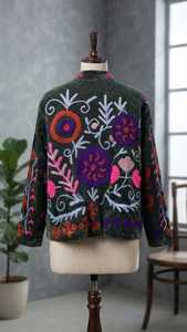 Chaqueta de Invierno para Mujer, de Terciopelo, con Bordado Floral Gris, Cuello Mandarín, Manga Larga, Resistente al Viento, con Forro de Algodón - Product Image 6