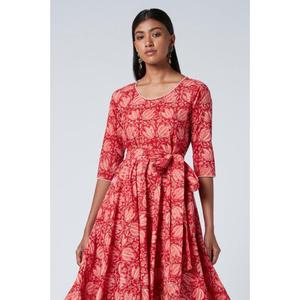 ชุดเดรสยาวปานกลางพิมพ์ลายสีแดงสำหรับผู้หญิง แขนเสื้อทรงเอ สไตล์ลำลอง ชุดเดรสงานปาร์ตี้สไตล์ชาติพันธุ์ - Product Image 2