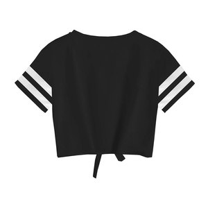 Haut court noir pour femme, manches courtes, col rond, tricoté 100% coton, couleur unie, noué devant, séchage rapide, respirant, idéal pour l'été - Product Image 2