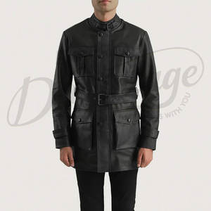 เสื้อแจ็คเก็ตหนังแท้สีดำสำหรับผู้ชาย ทรงสลิมฟิต มีกระเป๋าหลายช่อง สไตล์ซาฟารี พร้อมเข็มขัด คอตั้ง เสื้อคลุมอเนกประสงค์ - Product Image 1