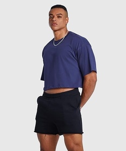 Camiseta Corta para Hombre, Cuello Redondo, Color Sólido, Informal, Tejida, Holgada, Transpirable, 100% Algodón, Azul Marino - Product Image 1