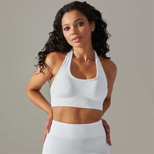 Seamless Ribbed Sports Bra Halter Neck Medium Support Yoga <b>Top</b> For Women Pink Solid Color Spandex Polyester - Product Image 2