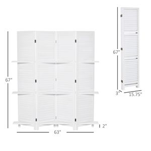 Divisorio Pieghevole Portatile a 4 Pannelli da 67 Pollici, Bianco, in Legno, con Ripiani Espositivi, Paravento Tradizionale in Bambù - Product Image 3