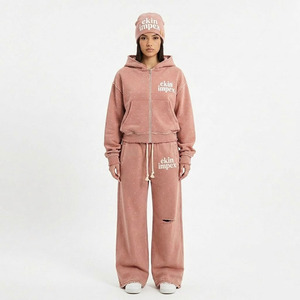 Ekin Impex Wholesale Custom Logo Acid Wash Unisex 3 Piece Rhinestone Sweatsuit Set Raw Frayed Hem Cropped Zip Hoodie <b>Distressed</b> - Product Image 1
