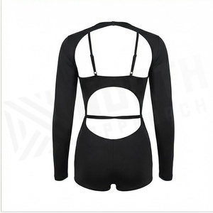 Women's Black One-Piece Swimsuit Halter Neck Hollow Out Cutout Long Sleeve Bodysuit Stretch Spandex Nylon Swimwear - Product Image 2