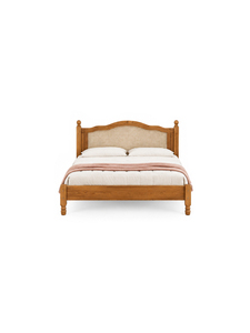Lit plateforme traditionnel en teck massif, taille Queen, avec tête de lit sculptée à la main et panneau tissé pour la chambre à coucher - Product Image 1