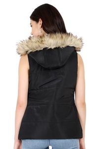 Gilet matelassé noir sans manches pour femme avec capuche en fourrure, vêtement d'extérieur décontracté, longueur standard, couleur unie, fermeture à simple boutonnage - Product Image 2