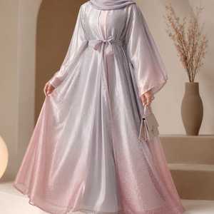 Abaya de prière islamique pour femme, en organza satiné ombré, col en V, manches longues, longueur ras du sol, légère, coupe ample, modeste, avec broderie de pierres - Product Image 4