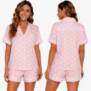 Women's Navy Blue Floral Printed Satin Short Sleeve Pajama <b>Set</b> With Turn-Down Collar And Button Closure Summer Sleepwear - Product Image 3