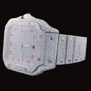 Iced Out Pink Arabic Numerals Dial <b>Watch</b> Silver Square Fully Diamond Quartz Mechanical Bust Down Hip Hop Luxury Man's Wristwatch - Product Image 4