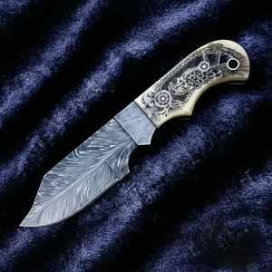 Handmade Damascus Steel Feather Pattern Hunting Skinning <b>Knife</b> with Engraved <b>Bone</b> <b>Handle</b> and Leather Sheath - Product Image 1