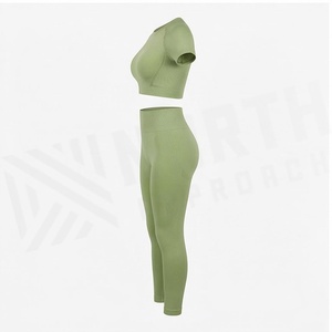 Ensemble de yoga vert 2 pièces : haut court à col rond et manches courtes, leggings taille haute pleine longueur, sans couture, respirant, vêtements de sport - Product Image 3