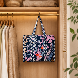 Premium Quilted Cotton Tote <b>Bag</b> with Floral Tropical Print Reusable Travel Shopping Beach Handbag Lightweight Stylish Spacious - Product Image 4
