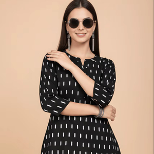 Tunique décontractée noire à col rond pour femme, en mélange de coton, longueur normale, manches trois quarts, entièrement cousue, haut pour fille - Product Image 1