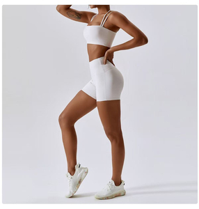 Women's <b>White</b> Seamless Yoga Set 2 Piece Halter Crop <b>Top</b> High Waist Shorts Workout Outfit - Product Image 2