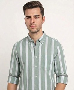 Camisa de Verano para Hombre, de Lino/Algodón, a Rayas, Casual, de Doble Botonadura, Transpirable, con Cuello Abotonado, ODM - Product Image 2