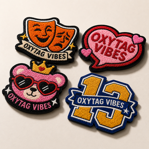 Ensemble de patchs brodés en chenille Oxytag Vibes avec motifs de masques de théâtre, cœur, ours et numéro 13, prix abordable, vente en gros OEM - Product Image 4