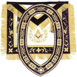 Tablier de Maître Maçon de Grande Loge Maçonnique avec collier à chaîne, dos violet, fait main, avec motif en fils dorés, conception OEM - Product Image 1