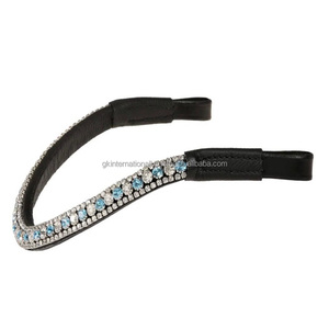 Diadema para caballo de cuero genuino negro con cristales azules, blancos y rosas de tres filas, personalizada, con diseño de ondas brillantes y diamantes, disponible en todas las tallas. - Product Image 3
