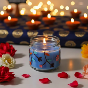 Bougie en verre à la cire de soja florale pour Diwali, écologique, décorative, bleue, pour la maison et les cadeaux, Halloween et Noël - Product Image 1