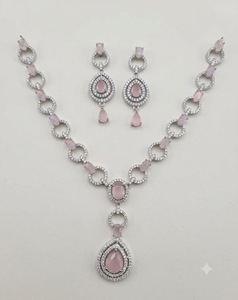 Elegant American Diamond Jewelry Set Oval <b>Link</b> Chain Necklace With Pear Drop Halo Pendant & Matching Earrings for Women Supplier - Product Image 1
