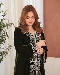 AWAIS HOUSE Women's Green Velvet Floor-Length Modest V-Neck Long Sleeve <b>Jacket</b> Beaded Embroidery Evening Formal Dress Natural - Product Image 1