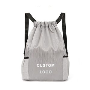Custom Logo Drawstring Backpack Gray Polyester Sport Bag Portable Mesh Design for Outdoor Use Best Price Wholesale OEM Supplier - Product Image 1